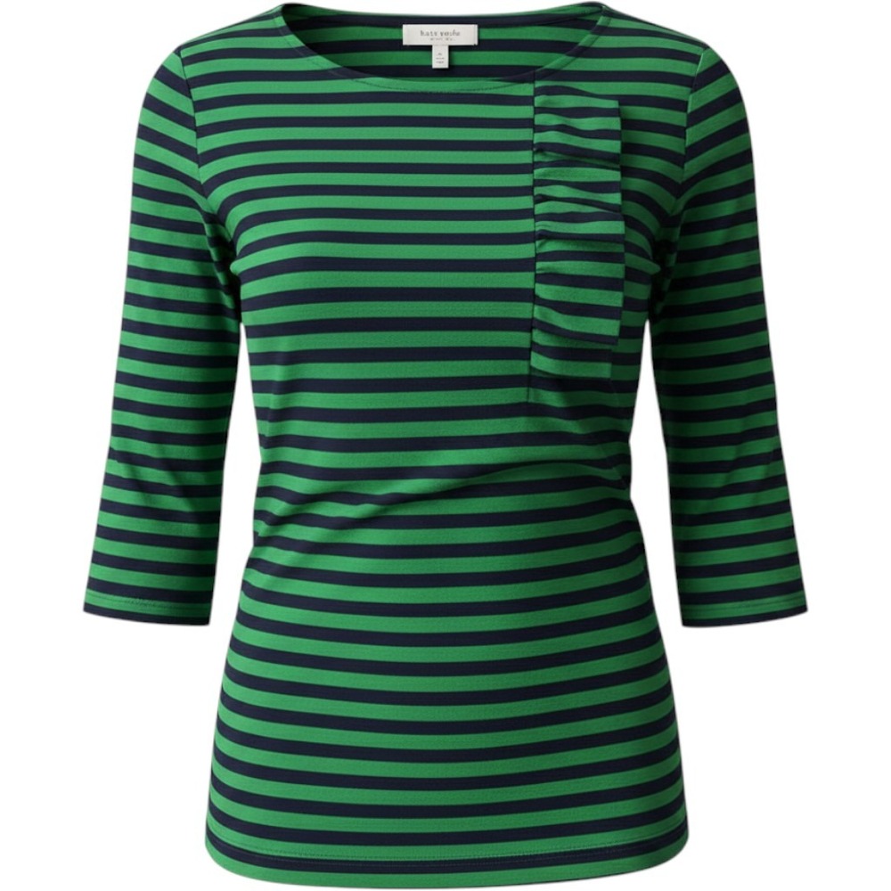 Kate Spade Green Navy Striped Ruffle Front Boatneck‎ Top 3/4 Sleeve XS